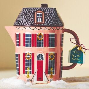 NWT ANTHROPOLOGIE Christmas Chalet Teapot Holiday House Pink Red